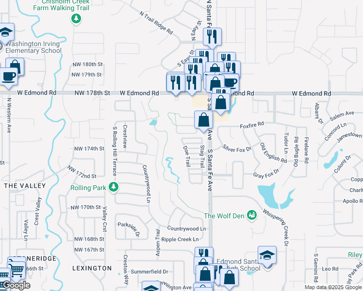 map of restaurants, bars, coffee shops, grocery stores, and more near 605 Doe Trail in Edmond