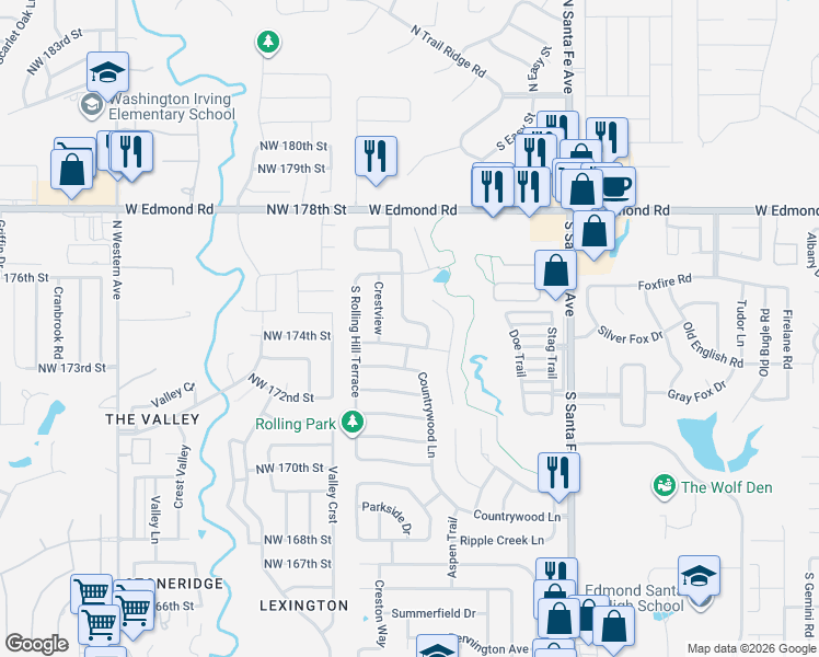 map of restaurants, bars, coffee shops, grocery stores, and more near 625 South Country Side Trail in Edmond