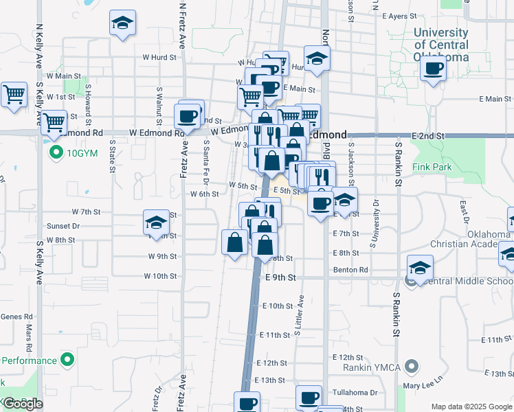 map of restaurants, bars, coffee shops, grocery stores, and more near 519 South Broadway in Edmond