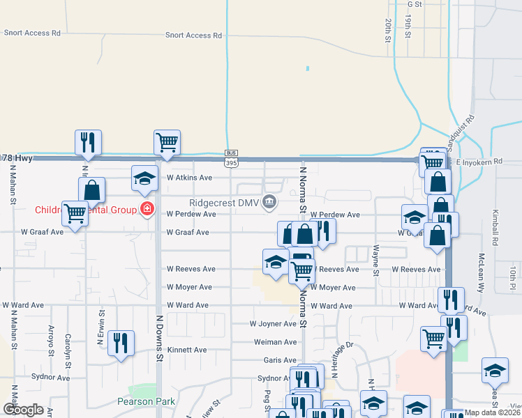 map of restaurants, bars, coffee shops, grocery stores, and more near 540 West Perdew Avenue in Ridgecrest