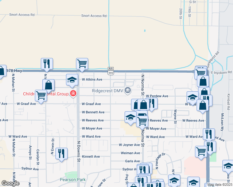 map of restaurants, bars, coffee shops, grocery stores, and more near 625 West Perdew Avenue in Ridgecrest