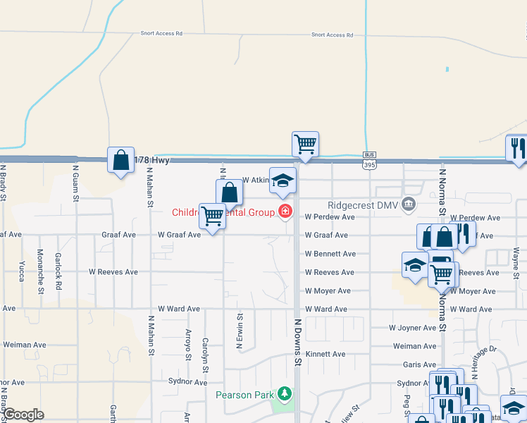 map of restaurants, bars, coffee shops, grocery stores, and more near 1000 West Perdew Avenue in Ridgecrest