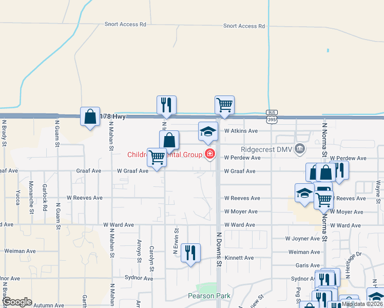 map of restaurants, bars, coffee shops, grocery stores, and more near 1000 West Perdew Avenue in Ridgecrest