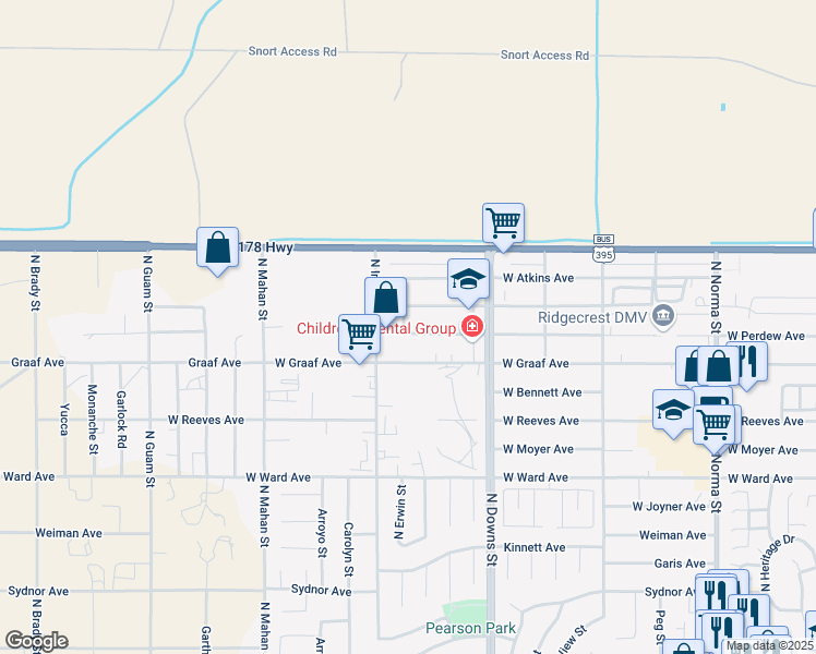 map of restaurants, bars, coffee shops, grocery stores, and more near 1025 West Perdew Avenue in Ridgecrest