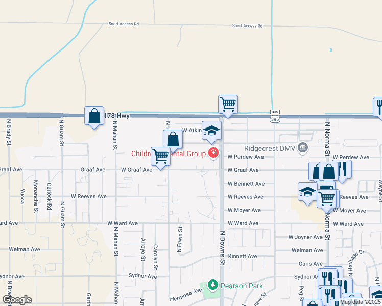 map of restaurants, bars, coffee shops, grocery stores, and more near 1004 West Perdew Avenue in Ridgecrest