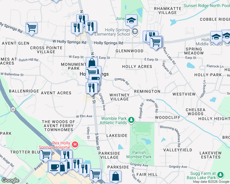 map of restaurants, bars, coffee shops, grocery stores, and more near 124 Red Feather Court in Holly Springs