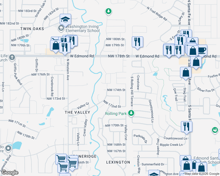 map of restaurants, bars, coffee shops, grocery stores, and more near 541 Northwest 174th Street in Edmond