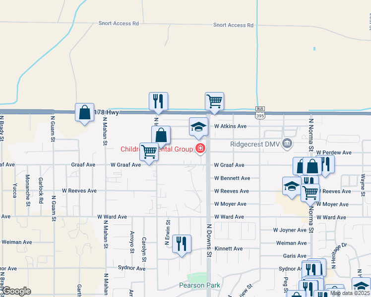 map of restaurants, bars, coffee shops, grocery stores, and more near 936 West Perdew Avenue in Ridgecrest