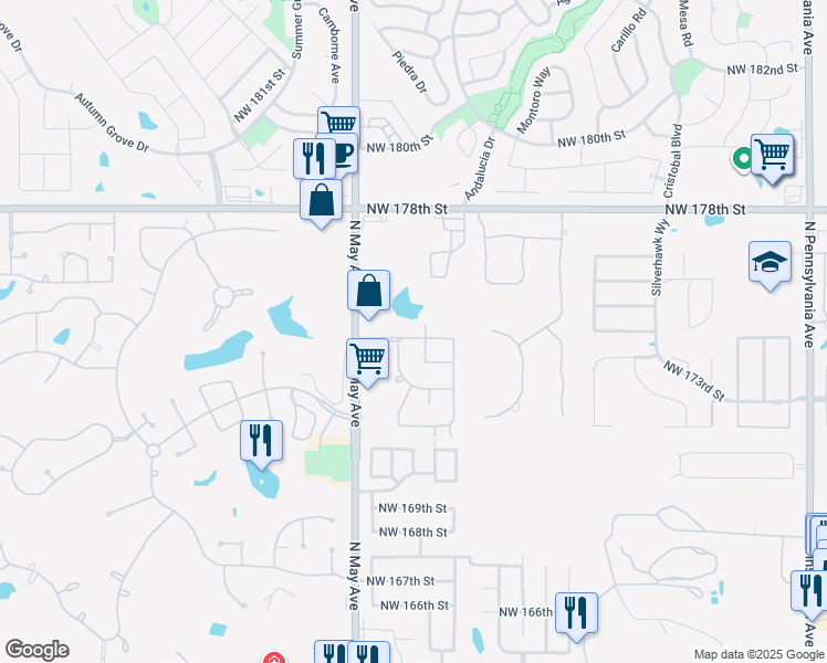 map of restaurants, bars, coffee shops, grocery stores, and more near 17325 Woodvine Drive in Edmond