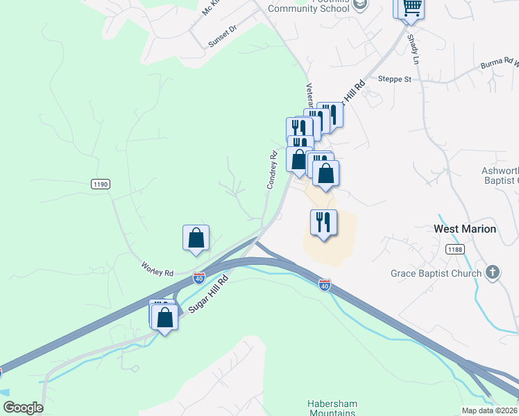 map of restaurants, bars, coffee shops, grocery stores, and more near 27 Lawndale Drive in Marion
