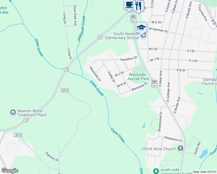 map of restaurants, bars, coffee shops, grocery stores, and more near 915 Westside Drive in Newton