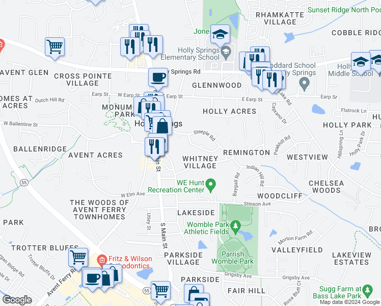 map of restaurants, bars, coffee shops, grocery stores, and more near 124 Red Feather Court in Holly Springs