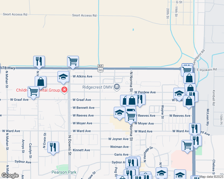 map of restaurants, bars, coffee shops, grocery stores, and more near 608 West Perdew Avenue in Ridgecrest