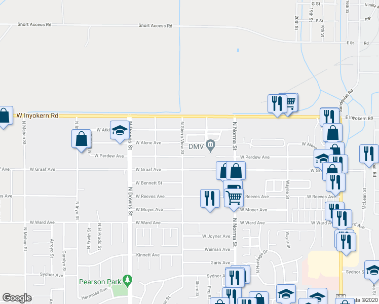 map of restaurants, bars, coffee shops, grocery stores, and more near 628 West Perdew Avenue in Ridgecrest