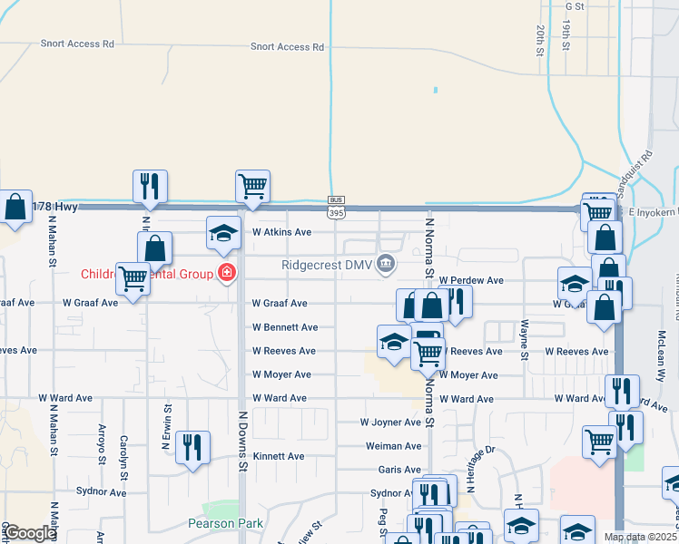 map of restaurants, bars, coffee shops, grocery stores, and more near 636 West Perdew Avenue in Ridgecrest