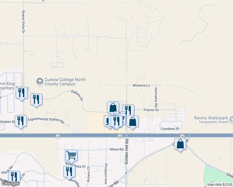 map of restaurants, bars, coffee shops, grocery stores, and more near 3405 Golden Hill Road in Paso Robles