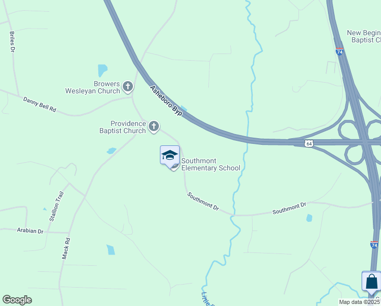 map of restaurants, bars, coffee shops, grocery stores, and more near 2574 Southmont Drive in Asheboro