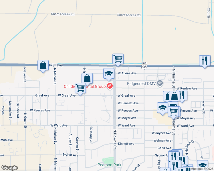 map of restaurants, bars, coffee shops, grocery stores, and more near 920 West Perdew Avenue in Ridgecrest