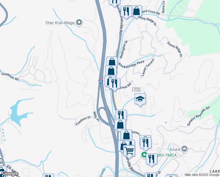 map of restaurants, bars, coffee shops, grocery stores, and more near 19 Old Weaverville Road in Asheville