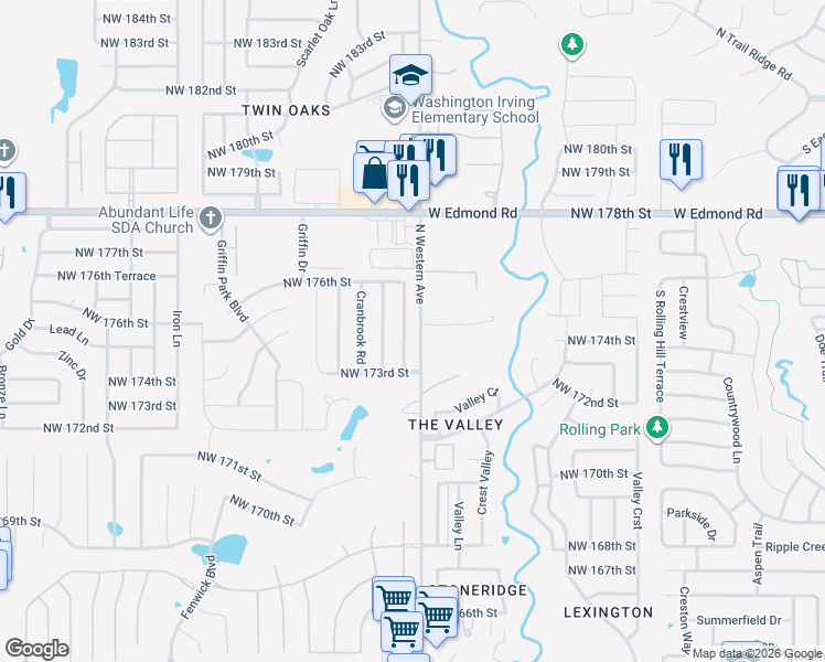 map of restaurants, bars, coffee shops, grocery stores, and more near 17460 North Western Avenue in Edmond