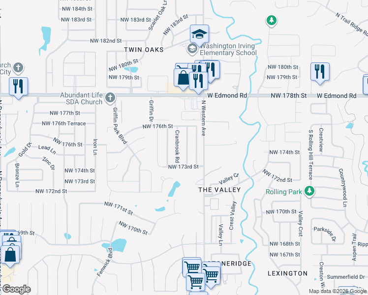 map of restaurants, bars, coffee shops, grocery stores, and more near 17504 Woodsorrel Road in Edmond