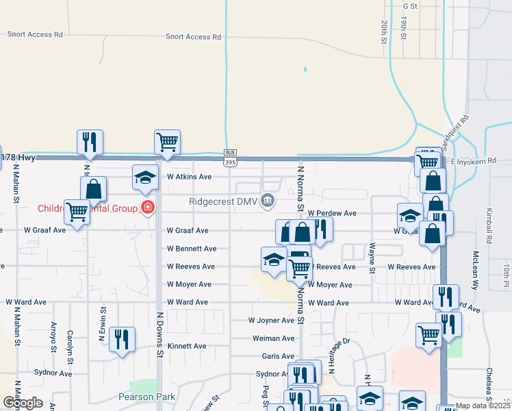map of restaurants, bars, coffee shops, grocery stores, and more near 540 West Perdew Avenue in Ridgecrest