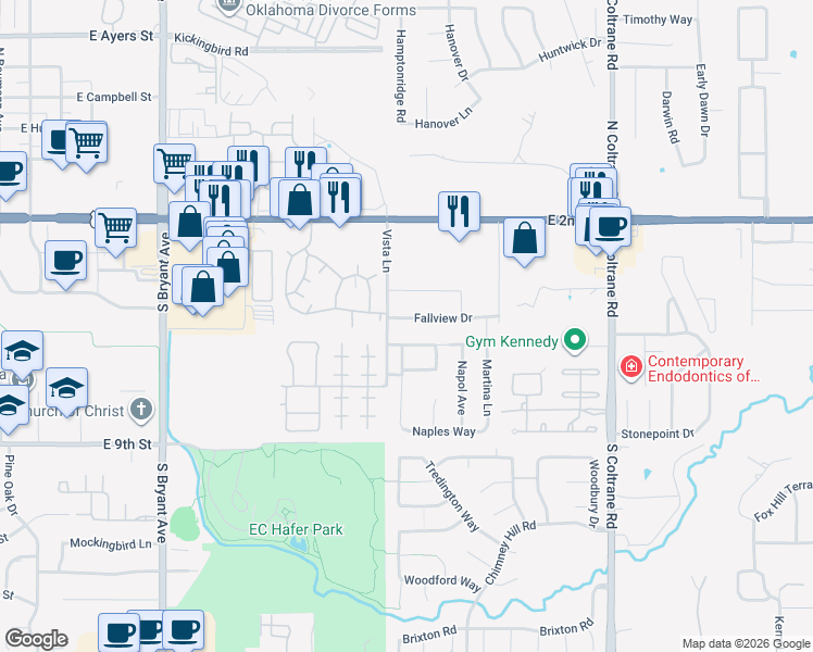 map of restaurants, bars, coffee shops, grocery stores, and more near 2301 San Marco Lane in Edmond