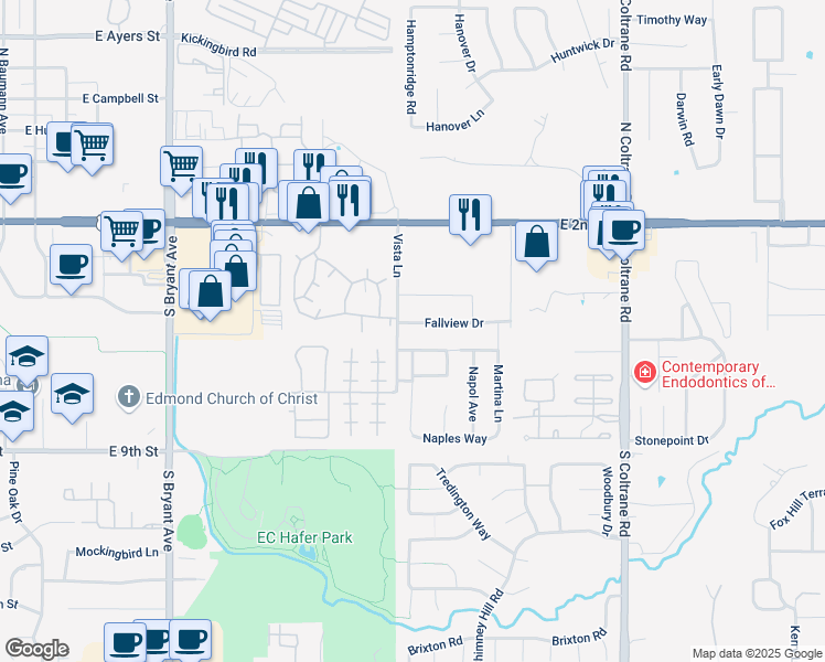 map of restaurants, bars, coffee shops, grocery stores, and more near 2301 San Marco Lane in Edmond