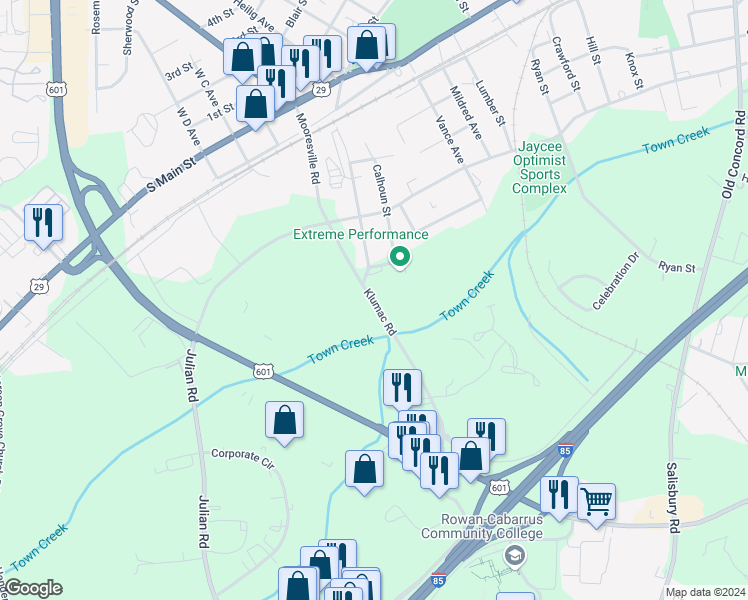map of restaurants, bars, coffee shops, grocery stores, and more near Klumac Road in Salisbury