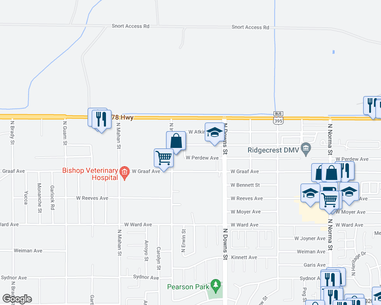map of restaurants, bars, coffee shops, grocery stores, and more near 1012 West Perdew Avenue in Ridgecrest