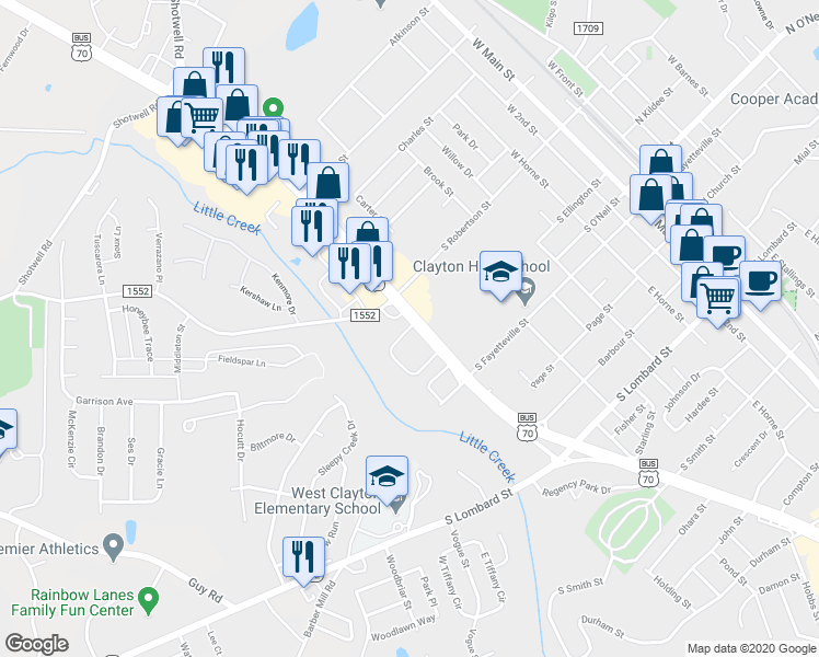 map of restaurants, bars, coffee shops, grocery stores, and more near 500 Greenwood Drive in Clayton