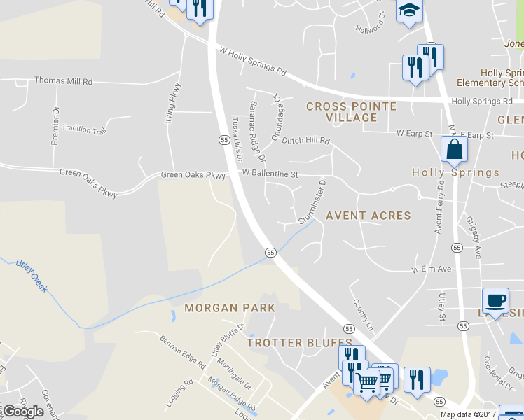 map of restaurants, bars, coffee shops, grocery stores, and more near 224 Hartshorn Court in Holly Springs