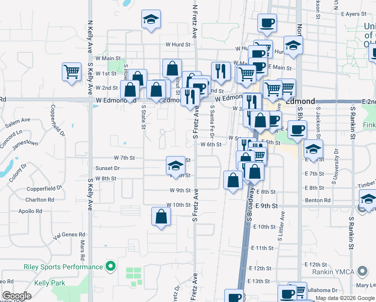 map of restaurants, bars, coffee shops, grocery stores, and more near 309 West 7th Street in Edmond