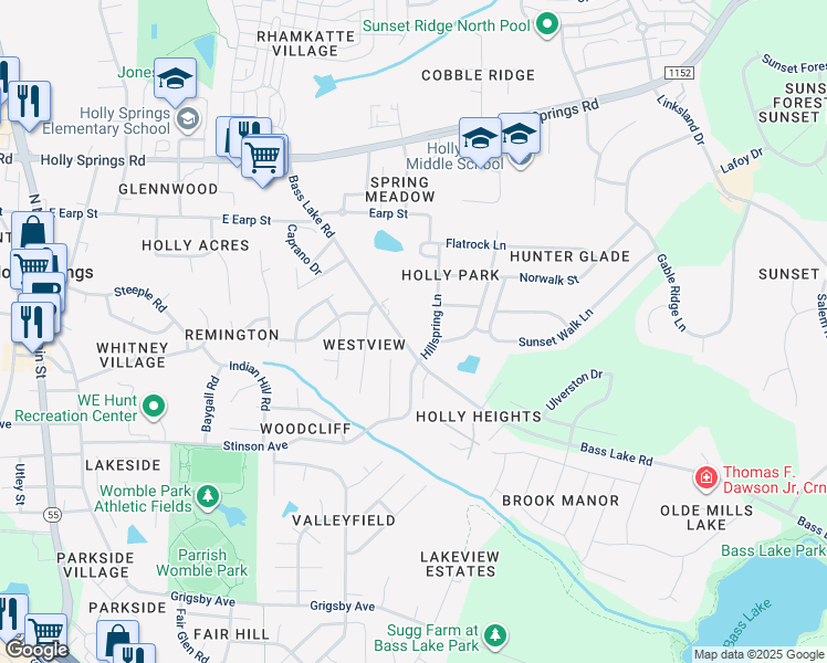 map of restaurants, bars, coffee shops, grocery stores, and more near 329 Bass Lake Road in Holly Springs
