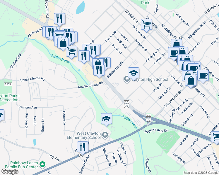 map of restaurants, bars, coffee shops, grocery stores, and more near 640 Greenwood Drive in Clayton