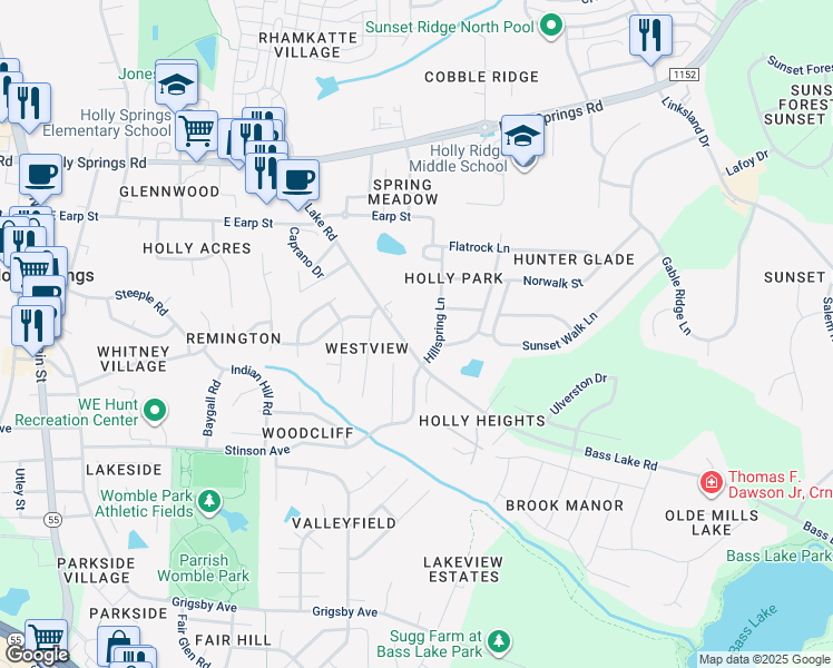 map of restaurants, bars, coffee shops, grocery stores, and more near 329 Bass Lake Road in Holly Springs