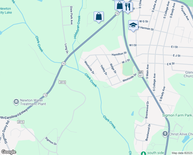 map of restaurants, bars, coffee shops, grocery stores, and more near 915 Westside Drive in Newton