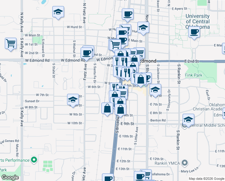 map of restaurants, bars, coffee shops, grocery stores, and more near 30 West 6th Street in Edmond