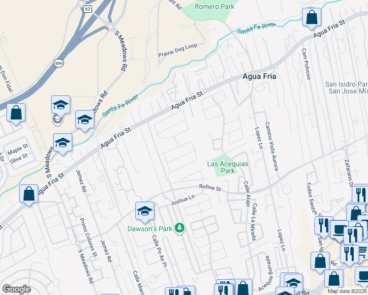 map of restaurants, bars, coffee shops, grocery stores, and more near 5213 Via Nube in Santa Fe