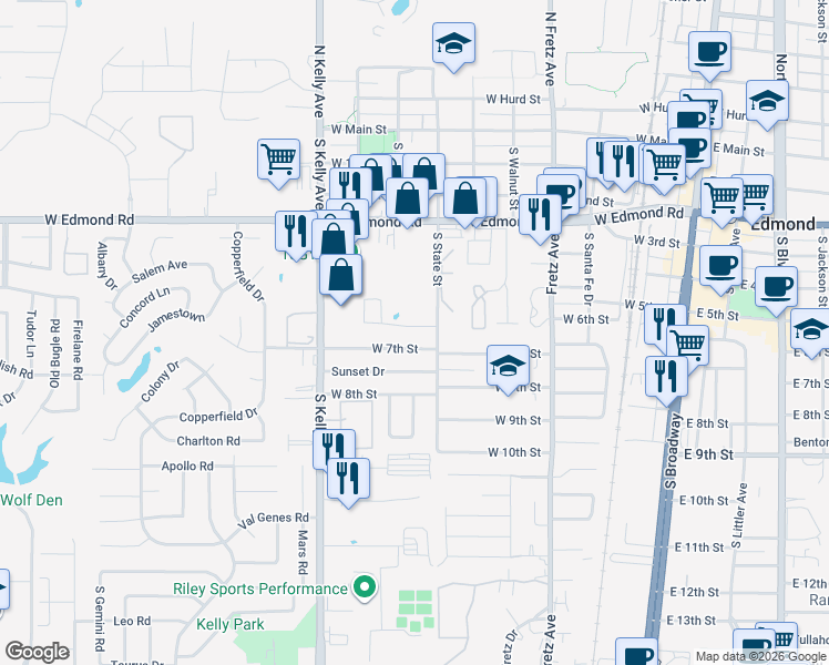 map of restaurants, bars, coffee shops, grocery stores, and more near 621 West 7th Street in Edmond