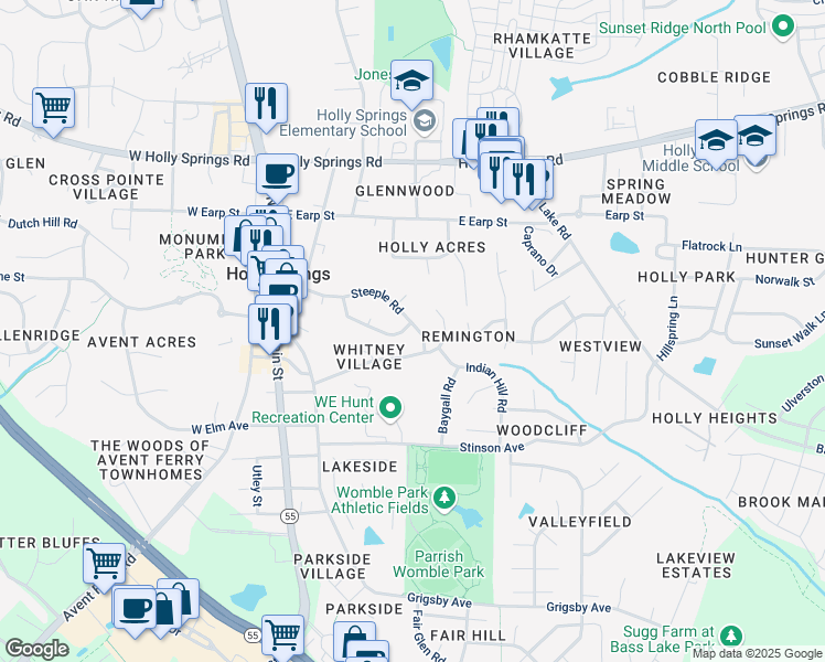 map of restaurants, bars, coffee shops, grocery stores, and more near 320 Steeple Road in Holly Springs