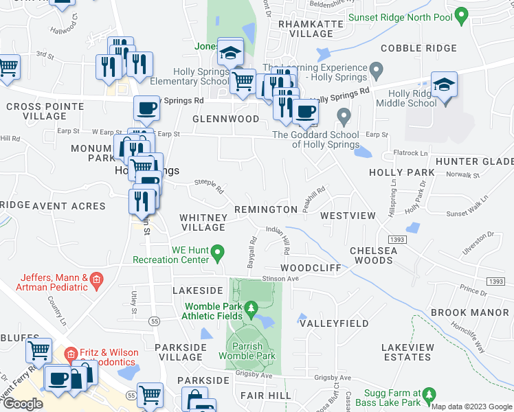 map of restaurants, bars, coffee shops, grocery stores, and more near 204 Bateau Road in Holly Springs