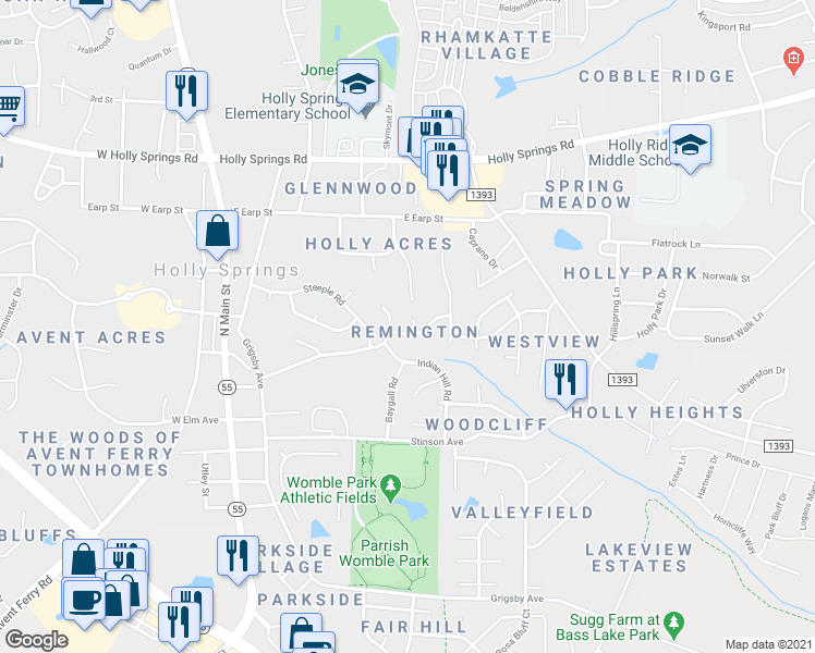 map of restaurants, bars, coffee shops, grocery stores, and more near 308 Beech Hill Court in Holly Springs