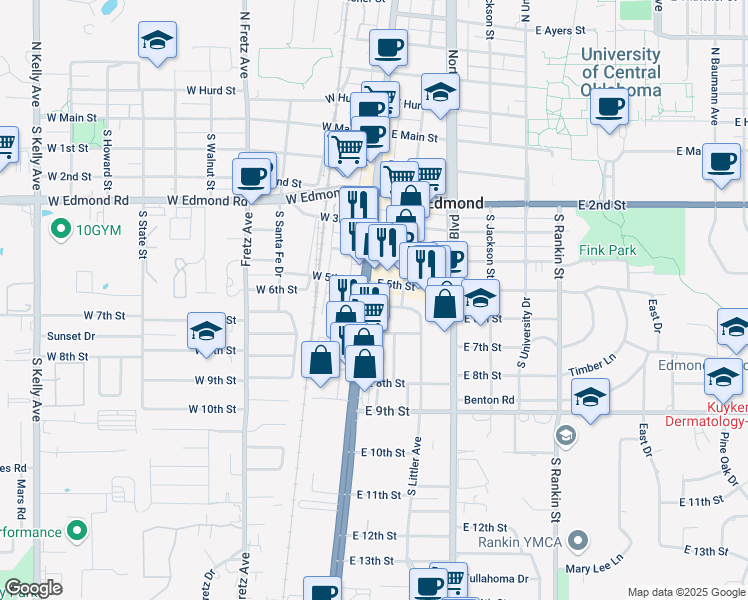 map of restaurants, bars, coffee shops, grocery stores, and more near 519 South Broadway in Edmond