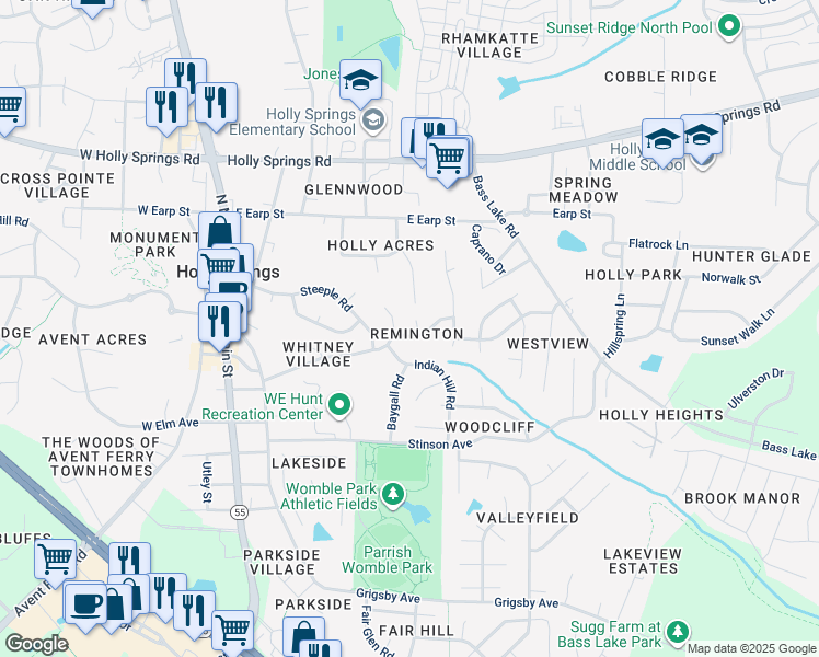 map of restaurants, bars, coffee shops, grocery stores, and more near 308 Beech Hill Court in Holly Springs