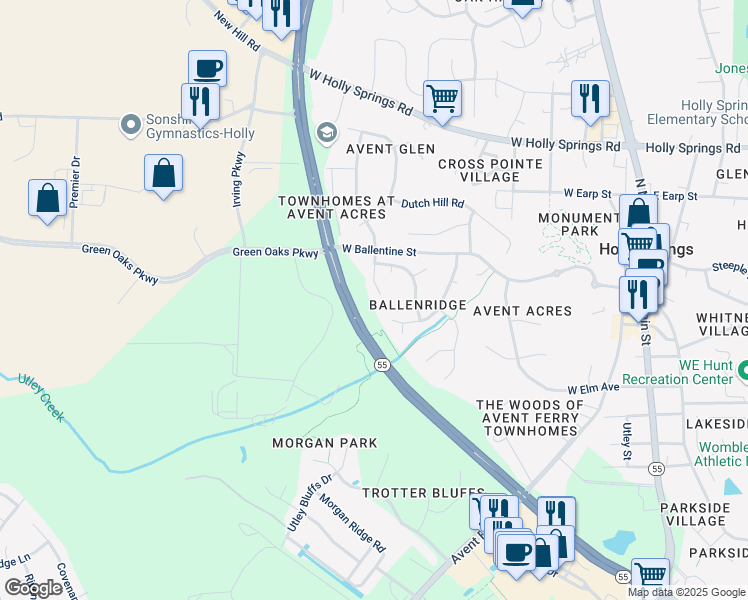 map of restaurants, bars, coffee shops, grocery stores, and more near 224 Hartshorn Court in Holly Springs