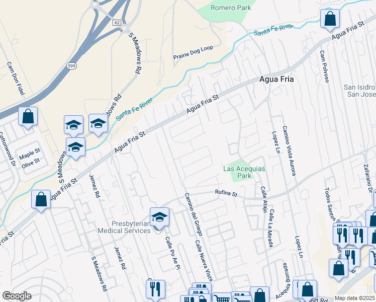 map of restaurants, bars, coffee shops, grocery stores, and more near 5330 Camino del Griego in Santa Fe