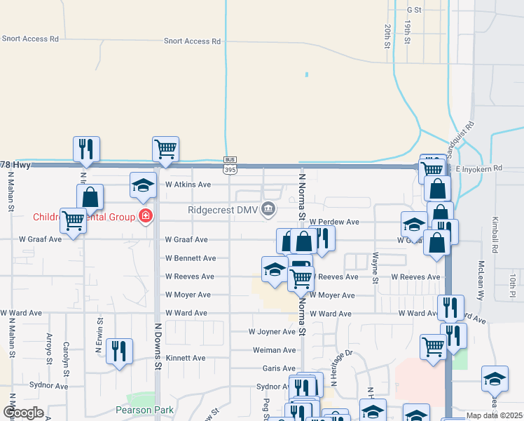 map of restaurants, bars, coffee shops, grocery stores, and more near 1599 North Norma Street in Ridgecrest