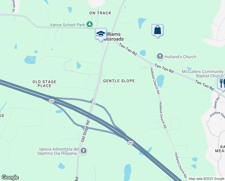 map of restaurants, bars, coffee shops, grocery stores, and more near 713 Gentle Slope Way in Raleigh