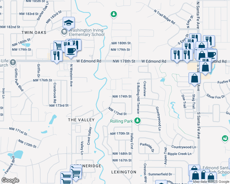 map of restaurants, bars, coffee shops, grocery stores, and more near 541 Northwest 174th Street in Edmond
